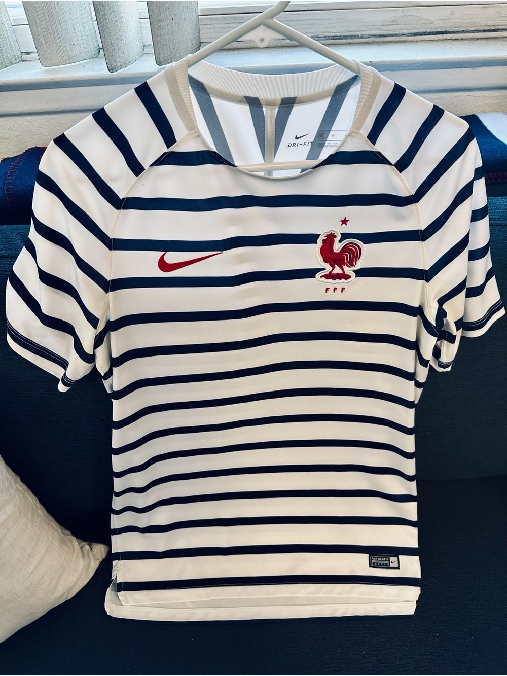 Nike Men’s White & Navy Striped Football Jersey with Red Crest